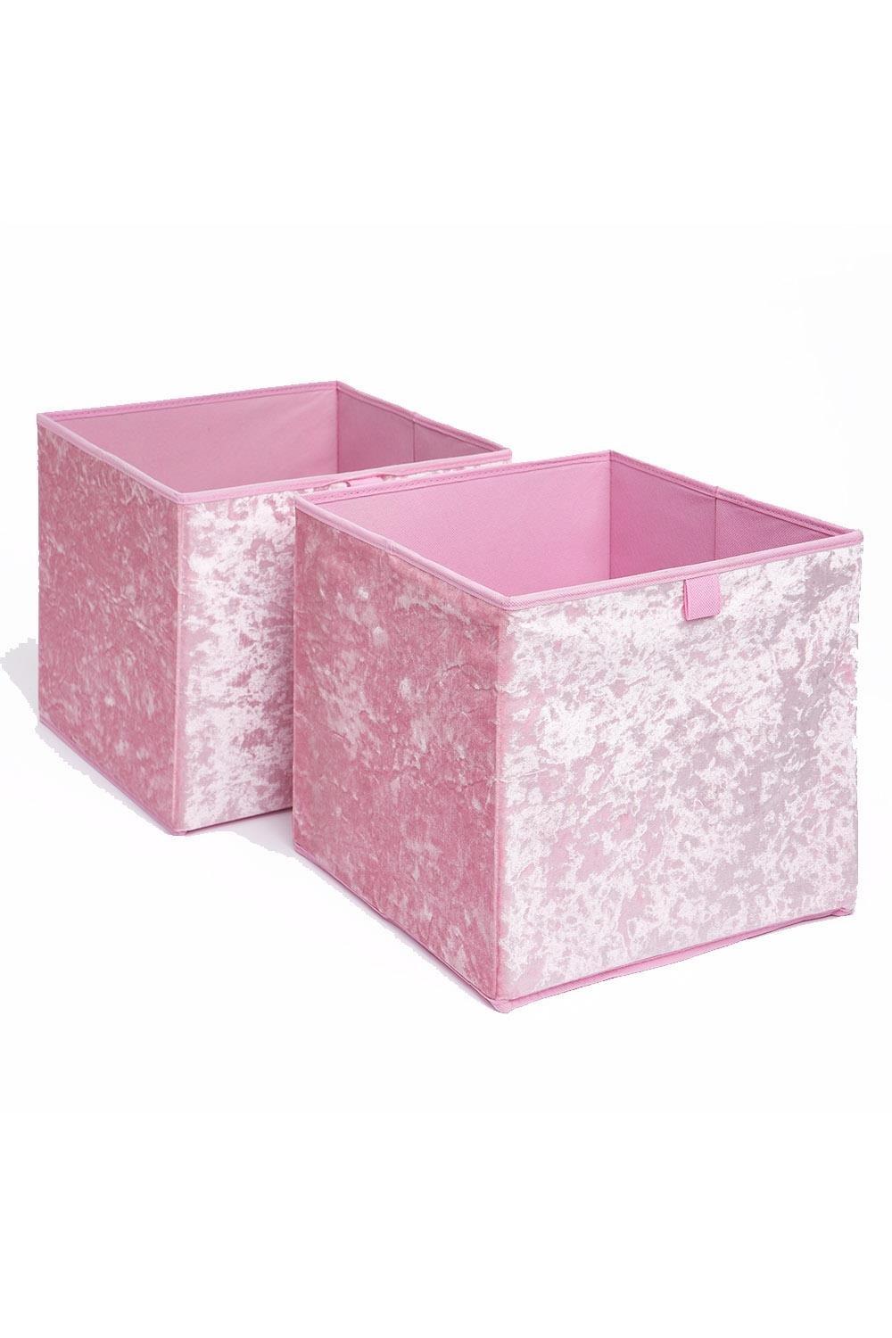 OHS Pair of 2 Crushed Velvet Stylish Folding Storage Box Cube|baby pink
